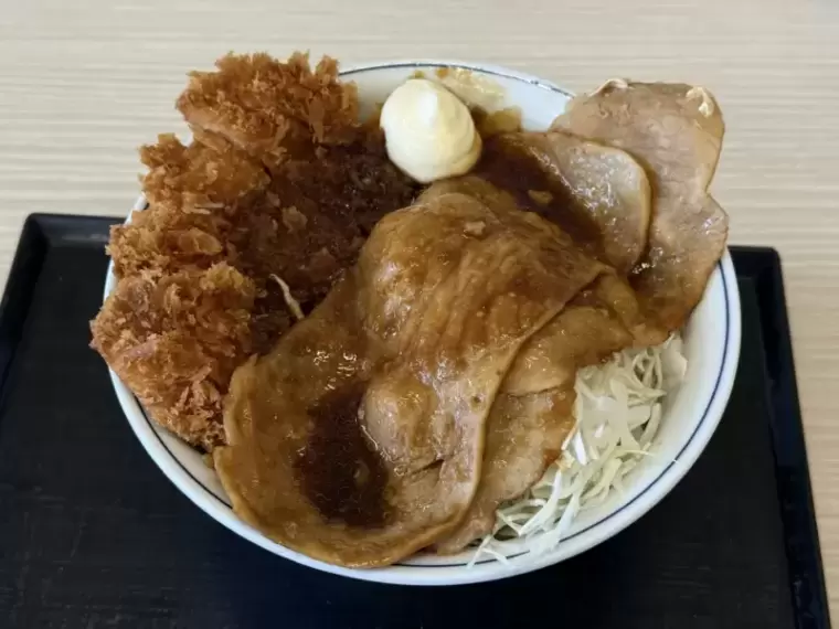 大判豚の生姜焼きとチキンカツの合い盛り丼（ダブル）